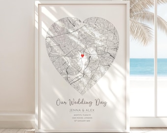 Personalised Wedding & Anniversary Map - Framed or Print - Unique Couple Gift, Custom Heart Location, Perfect for Engagement, Valentines