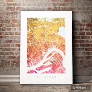 Carte de Rotterdam - plan des rues de la ville de Rotterdam, Pays-Bas - impression d'art illustration aquarelle art mural cadeau déco maison - impression série coucher de soleil