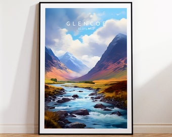 Impresión de viaje de Glencoe: Escocia, póster de Glencoe, decoración del hogar, impresión de regalo o lienzo