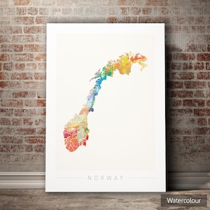 Carte de la Norvège - carte du pays de la Norvège - impression d'art Illustration aquarelle Art mural décoration maison cadeau - impression de la série SUNSET