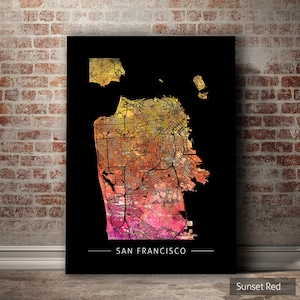 San Francisco Map - City Street Map of San Francisco, California - Art Print Watercolor Wall Art Home Decor Gift - Sunset Series PRINT