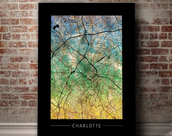 Charlotte Map - City Street Map, North Carolina - Art Print Watercolor Illustration Wall Art Home Decor Gift - Sunset Series PRINT