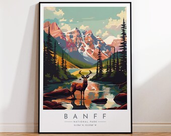 May include: A colorful illustration of a mountain landscape with a lake and a deer in the foreground. The text "BANFF NATIONAL PARK 51.1704° N, 115.5708° W" is at the bottom of the image.