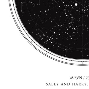 May include: A black and white star map print showing constellations and celestial details. The print includes the text "SALLY AND HARRY:" and coordinates 48.73&deg;N / 73.00&deg;W. The design features a circular layout with a detailed depiction of the night sky.