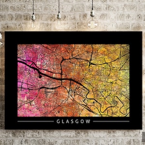 Glasgow Map - Stadtplan von Glasgow Schottland - Kunstdruck Aquarell Illustration Wandkunst Wohnkultur Geschenk - Sunset Series PRINT