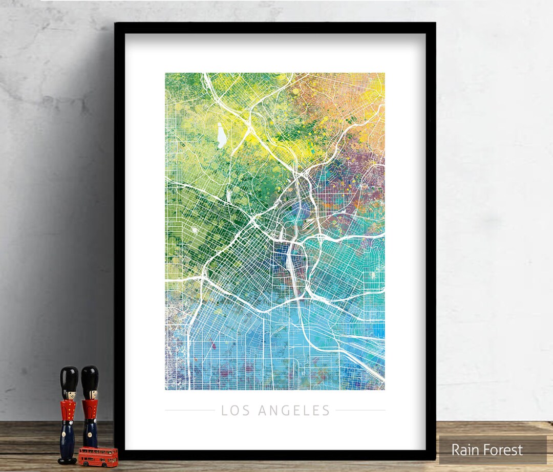 Los Angeles Map - City Street Map, California - Art Print Watercolor ...