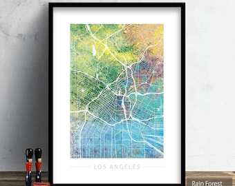 Los Angeles Map - City Street Map, California - Art Print Watercolor Illustration Wall Art Home Decor Gift - Nature Series PRINT