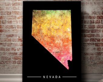 Nevada Karte - Landkarte von Nevada - Art Print Aquarell Illustration Wand Kunst Home Decor Geschenk - SUNSET PRINT