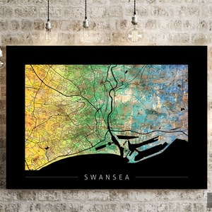 Swansea Map - City Street Map of Swansea, England - Art Print Watercolor Illustration Wall Art Home Decor Gift - Sunset Series PRINT