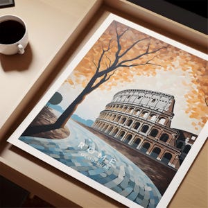 May include: A colorful, geometric illustration of the Colosseum in Rome, Italy. The Colosseum is depicted in a light brown color with white arches. A tree with orange and brown leaves is in the foreground. The text "ROME COLOSSEUM" is at the bottom of the image.
