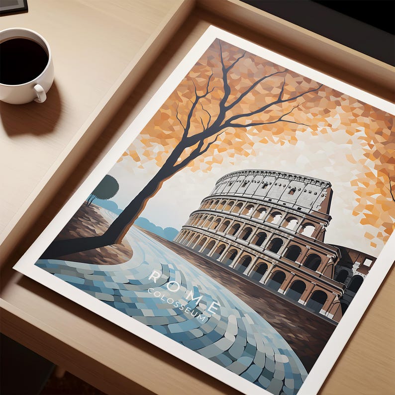 May include: A colorful, geometric illustration of the Colosseum in Rome, Italy. The Colosseum is depicted in a light brown color with white arches. A tree with orange and brown leaves is in the foreground. The text "ROME COLOSSEUM" is at the bottom of the image.