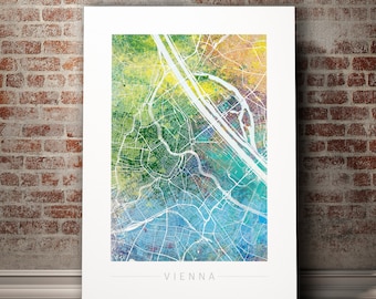 Kaart van Wenen - stadsstratenkaart van Wenen Oostenrijk - Art Print aquarel illustratie muur kunst woondecoratie cadeau - natuur serie PRINT