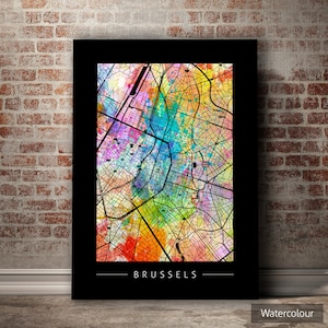 Carte de Bruxelles - plan des rues de la ville de Bruxelles, Belgique - impression d'art Illustration aquarelle Art mural décoration maison cadeau - impression série coucher de soleil