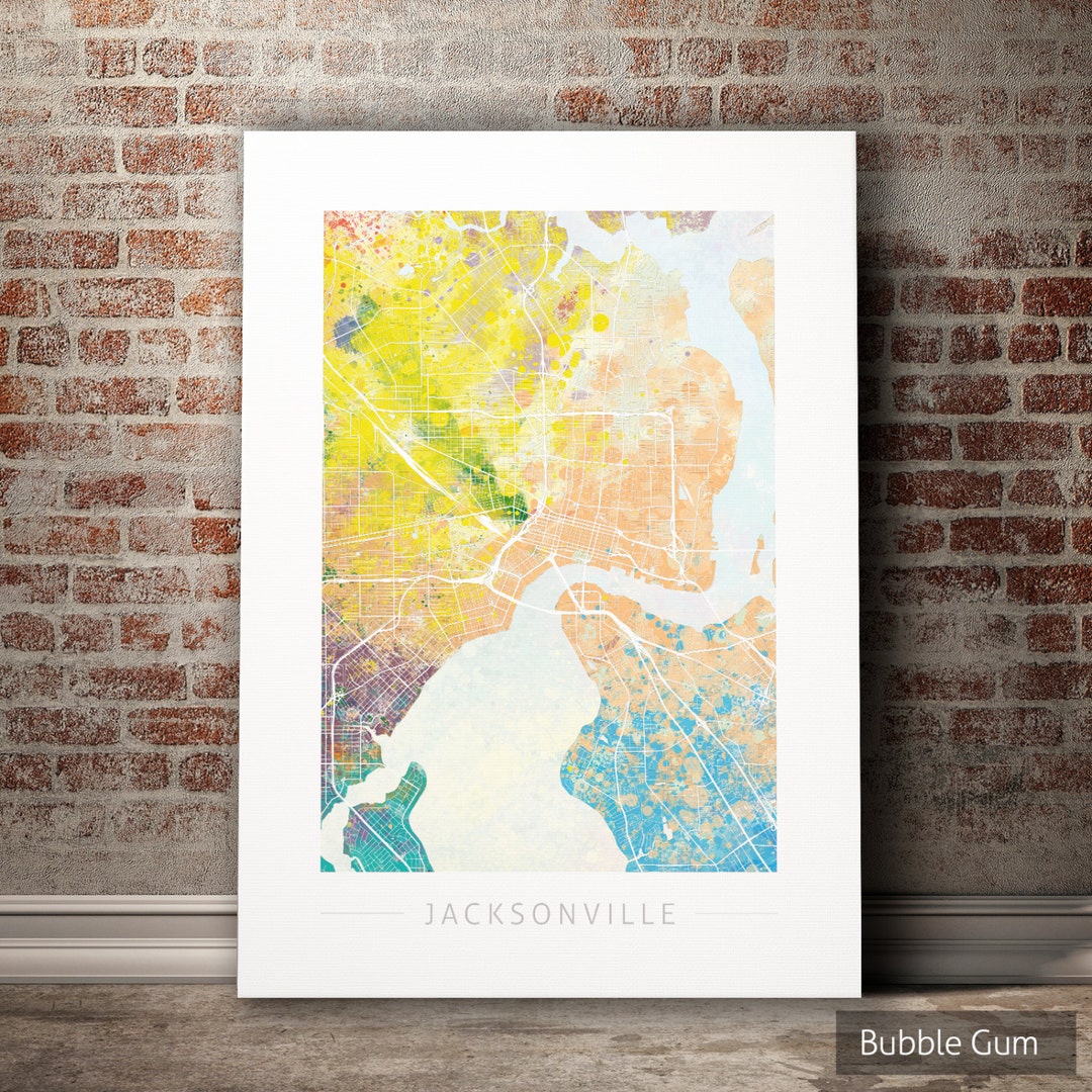 Jacksonville Map - City Street Map, Florida - Art Print Watercolor ...