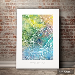 Mapa de Kuala Lumpur - Mapa de calles de la ciudad Kuala Lumpur, Malasia - Impresión de arte Ilustración de acuarela Arte de pared Regalo de decoración del hogar - Serie de la naturaleza PRINT