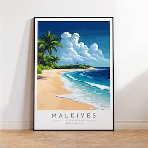 Malediven Reiseplakat - Indischer Ozean, Malediven Reisedruck, Wohnkultur, Druck gerahmt oder Leinwand