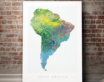 South America Map - Continental Map of South America - Art Print Watercolor Illustration Wall Art Home Decor Gift - Nature Series PRINT