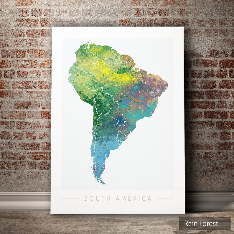 May include: A watercolor-style map of South America, with a green, blue, and yellow color scheme. The map is labeled "South America" and the text "Rain Forest" is at the bottom of the image.