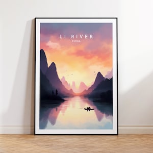 May include: A digital illustration of a sunset over a river in China. The Li River is surrounded by mountains and a small boat with two people is in the middle of the river. The text "LI RIVER CHINA" is at the top of the image.
