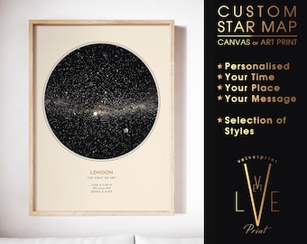 May include: A custom star map print with a black background and a circle of white stars. The text "LONDON THE NIGHT WE MET" is below the star map. The text "SUMMER SOLSTICE 00:00:00 W 16th January 2019 JENNA & ALEX" is below the text "LONDON THE NIGHT WE MET".