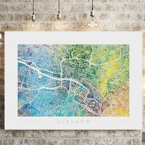 Carte de Glasgow - plan des rues de la ville de Glasgow en Écosse - impression d'art Illustration aquarelle Art mural décoration maison cadeau - impression série Nature