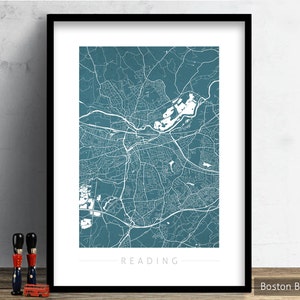 Lecture de carte - plan des rues de la ville de Reading, Angleterre - impression d'art Illustration aquarelle, art mural, décoration d'intérieur, cadeau - impression série couleur