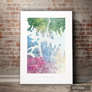 Mapa de Sídney - Mapa de calles de la ciudad de Sídney, Australia - Impresión de arte Ilustración de acuarela Arte de pared Regalo de decoración del hogar - Serie Naturaleza IMPRIMIR
