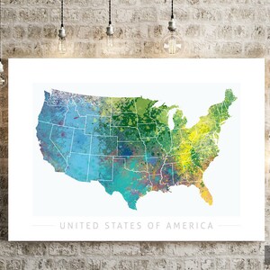 USA Map - Landkarte - Kunstdruck Aquarell Illustration Wand Kunst Home Decor Geschenk - NATURE Series PRINT