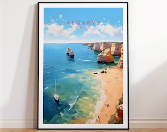 May include: A colorful illustration of a beach scene in Algarve, Portugal. The image features a sailboat in the turquoise water, cliffs, and a sandy beach with people.