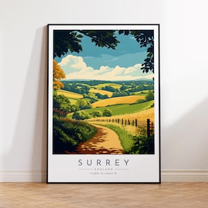 Surrey Travel Poster - England, Surrey Travel Print, Home Decor, Print Framed or Canvas