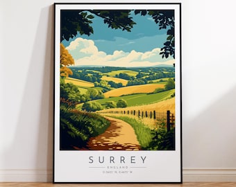 Surrey Travel Poster - England, Surrey Travel Print, Home Decor, Print Framed or Canvas