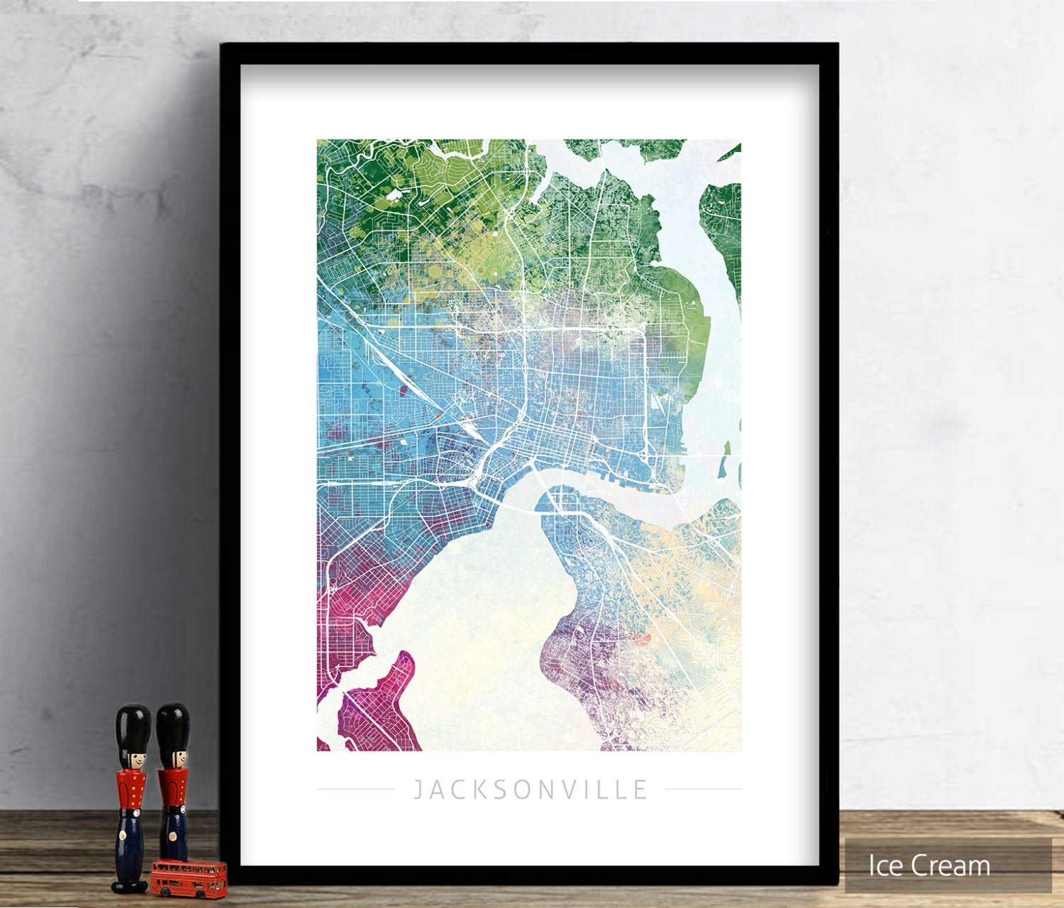 Jacksonville Map - City Street Map, Florida - Art Print Watercolor ...