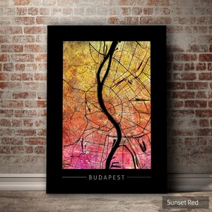 Budapest Karte - Stadtplan von Budapest Ungarn - Kunstdruck Aquarell Illustration Wandkunst Wohnkultur Geschenk - Sunset Series PRINT