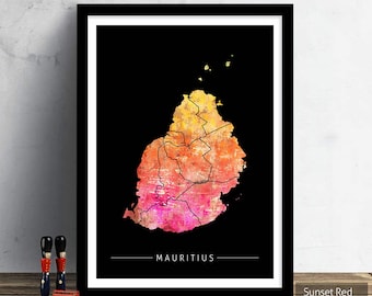 Mauritius Map - Island Map of Mauritius - Art Print Watercolor Illustration Wall Art Home Decor Gift - SUNSET SERIES PRINT