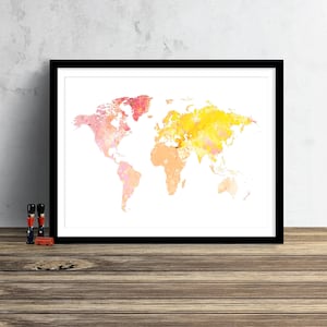 Wereldkaart aquarel illustratie kunst print grote kaart print kaart muur kunst poster woondecoratie cadeau PRINT #SUN FLARE