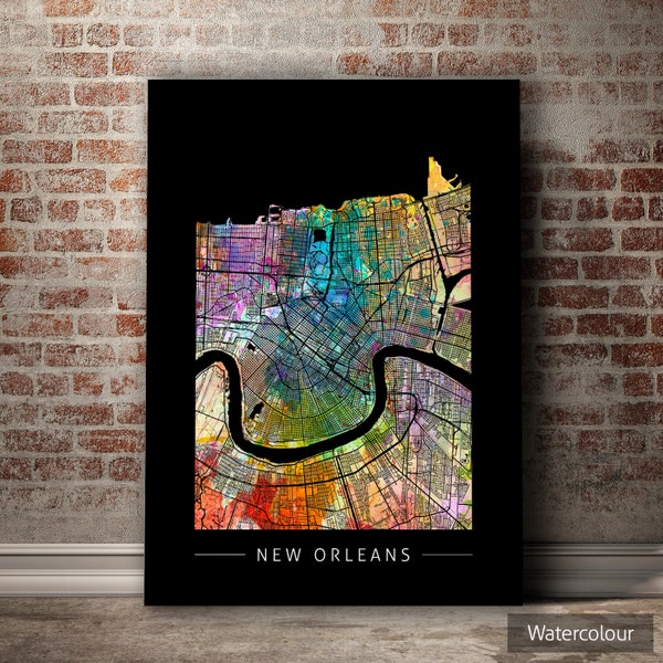 Karta över New Orleans - Stadskarta, Louisiana - Konsttryck Akvarell Illustration Väggkonst Heminredning Gåva - Solnedgångsserien TRYCK