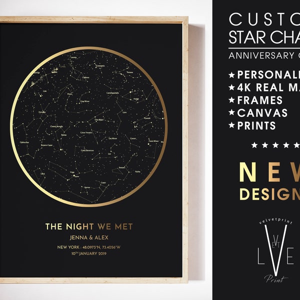 Star Chart, Custom Star Map | Personalised Anniversary Gift, Engagement Gift, Constellation Print - GOLD EFFECT *Non Metallic*