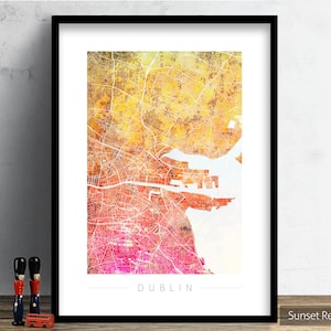 Dublin Map - City Street Map of Dublin Ireland - Art Print Watercolor Illustration Wall Art Home Decor Gift - Sunset Series PRINT