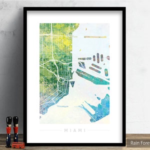 Mapa de Miami - Mapa de calles de la ciudad de Miami, Florida - Impresión de arte Ilustración de acuarela Arte de pared Regalo de decoración del hogar - Serie Naturaleza IMPRIMIR