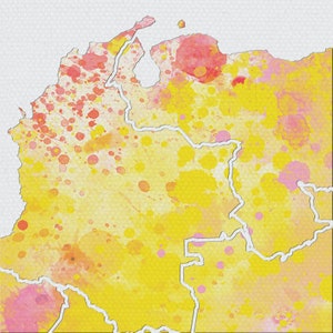 May include: A watercolor painting of a map of South America with yellow and pink splatter paint.