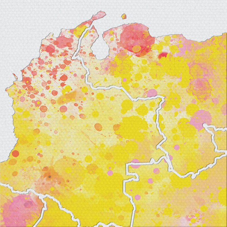 May include: A watercolor painting of a map of South America with yellow and pink splatter paint.