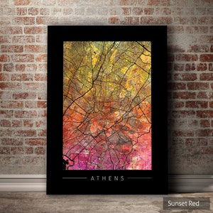 Athen Karte - Stadtplan von Athen Griechenland - Kunstdruck Aquarell Illustration Wand Kunst Wohnkultur Geschenk - Sunset Series PRINT