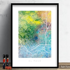 Mapa de El Paso Texas - Mapa de calles de la ciudad de El Paso EE.UU. - Impresión de arte Ilustración de acuarela Arte de pared Regalo de decoración del hogar - Serie de la naturaleza PRINT
