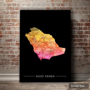 Kaart van Saoedi-Arabië - landkaart van Saoedi-Arabië - Art Print aquarel illustratie muur kunst woondecoratie cadeau - SUNSET SERIES PRINT