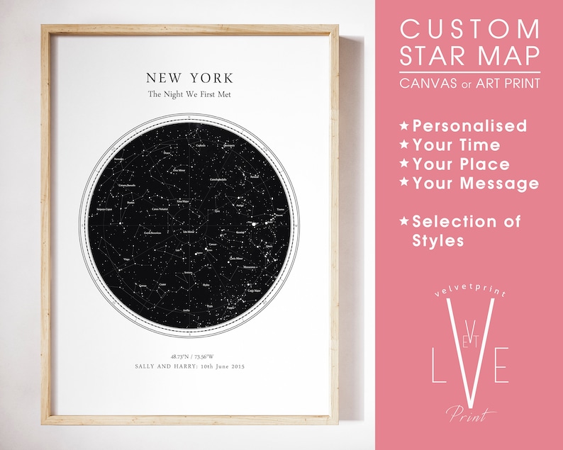 May include: A framed custom star map print. The black and white star chart is set against a white background, with the text "NEW YORK The Night We First Met" at the top. The print includes the text "CUSTOM STAR MAP" and "Personalised Your Time Your Place Your Message Selection of Styles".