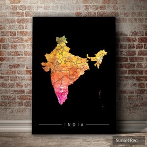 Carte de l'Inde - carte du pays de l'Inde - impression d'art, illustration aquarelle, art mural, décoration d'intérieur, cadeau - impression de la série SUNSET