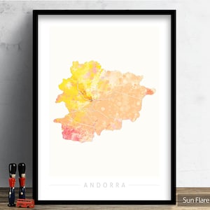 Carte d'Andorre - carte du pays d'Andorre - impression d'art Illustration aquarelle art mural décoration maison cadeau - impression série NATURE
