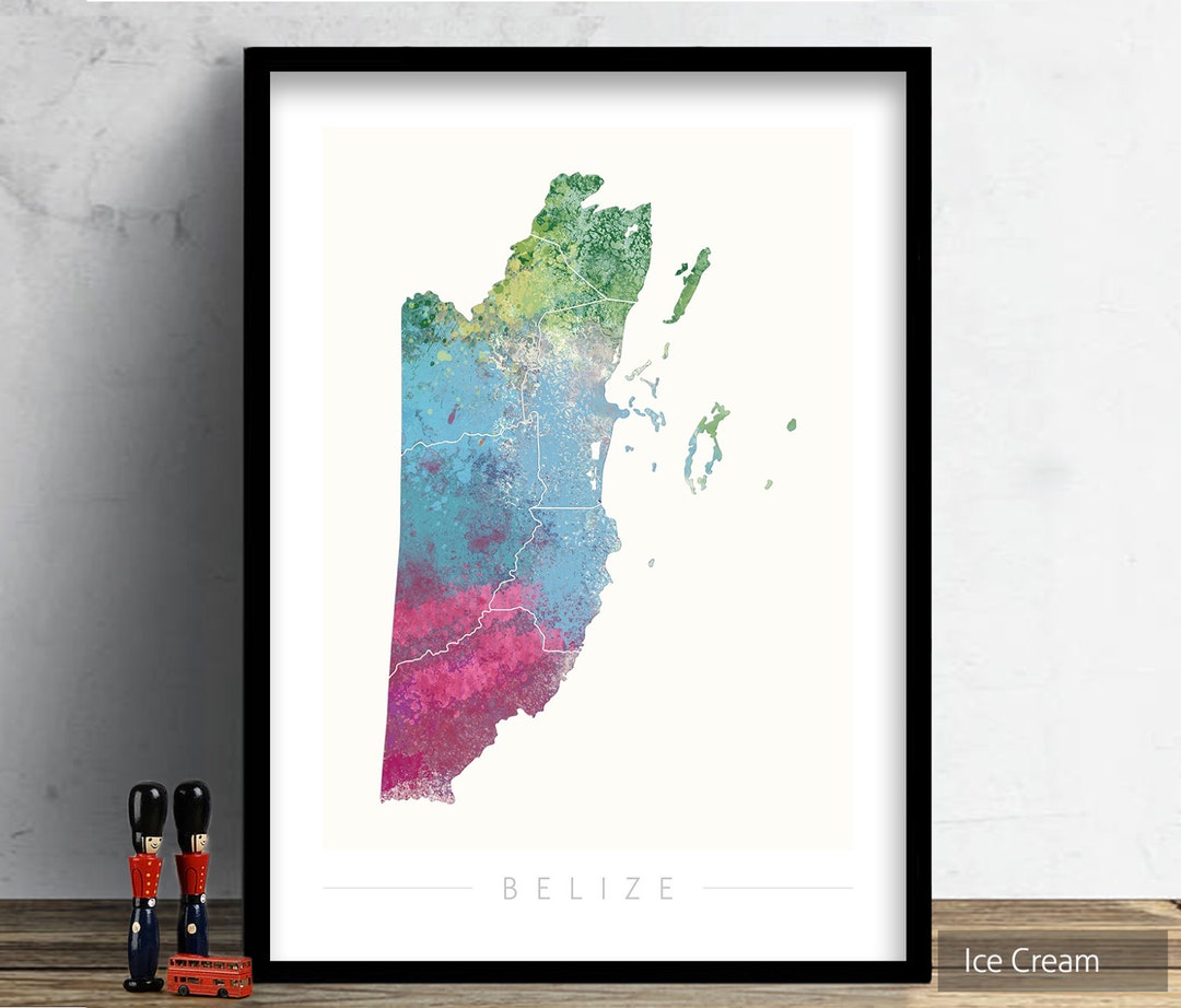 Belize Map - Country Map of Belize - Art Print Watercolor Illustration ...