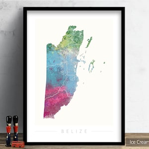 Mapa de Belice - Mapa del país de Belice - Impresión de arte Ilustración de acuarela Arte de pared Regalo de decoración del hogar - IMPRESIÓN DE SERIE NATURALEZA