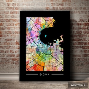 Doha Map - City Street Map of Doha, Qatar - Art Print Watercolor Illustration Wall Art Home Decor Gift - Sunset Series PRINT